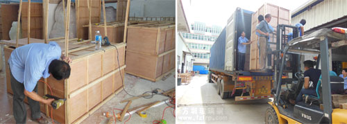 遠(yuǎn)銷新加坡玻璃鋼卡通雕塑工廠打木箱叉車裝車圖 遠(yuǎn)銷新加坡玻璃鋼卡通雕塑工廠打木箱叉車裝車圖